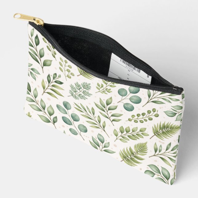 Watercolor Greenery Pattern | Botanical Leaves  Accessory Pouch (Open)
