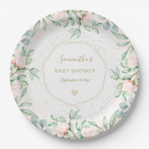 Watercolor Greenery Peach Roses Floral Baby Shower Paper Plate