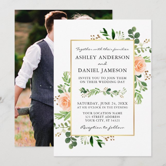 Watercolor Greenery Peach Roses Photo Back Wedding Invitation (Front/Back)