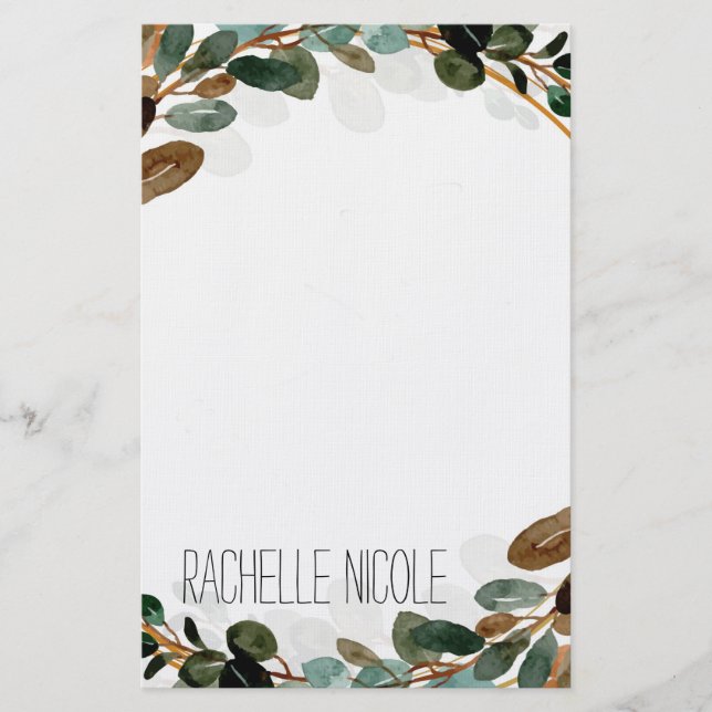 Watercolor Greenery Personalized Stationery (Front)