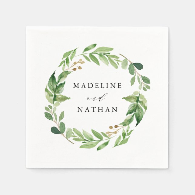 Watercolor Greenery | Personalized Wedding Napkin (Front)