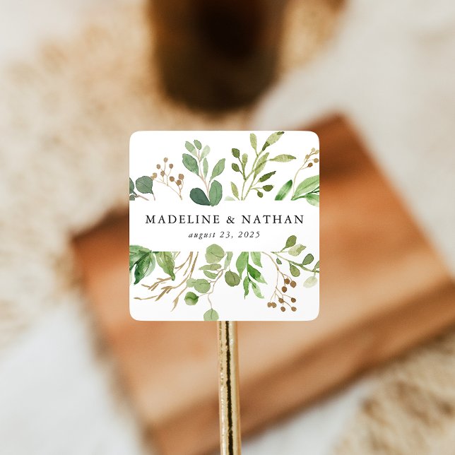 Watercolor Greenery Personalized Wedding Square Sticker (Creator Uploaded)