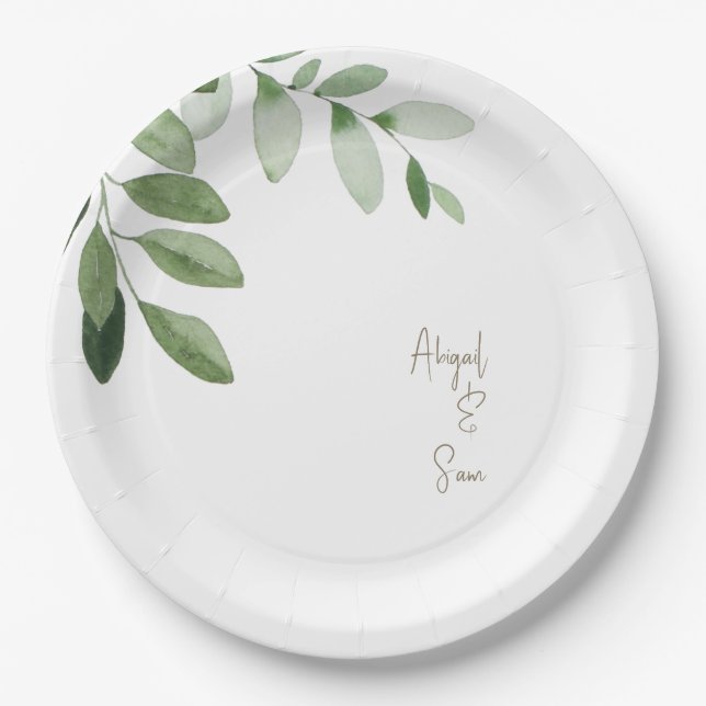 Watercolor Greenery Personalized White Wedding  Paper Plate (Front)