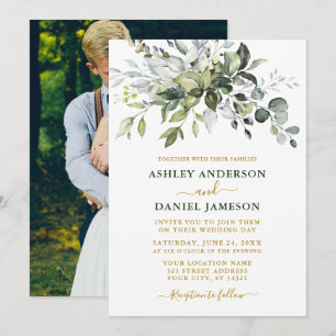 Watercolor Greenery Photo Gold Green Wedding Invitation