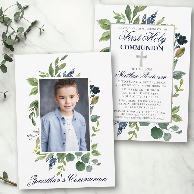 Watercolor Greenery Photo Holy Communion Blue Invitation (Customize to change text color,  size or text style.)