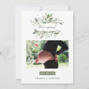 Watercolor Greenery Photo Pregnancy Announcement