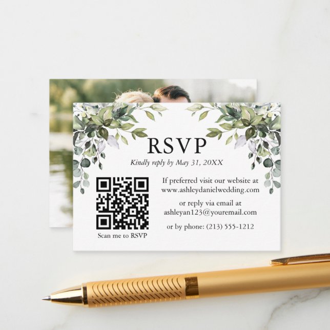 Watercolor Greenery Photo QR RSVP Wedding Enclosure Card (Front/Back In Situ)