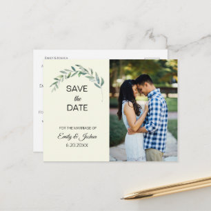 Watercolor Greenery Photo Save the Date Announcement Postcard