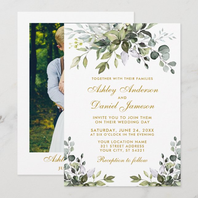 Watercolor Greenery Photo Wedding Gold Invitation (Front/Back)