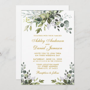 Watercolor Greenery Photo Wedding Gold Invitation