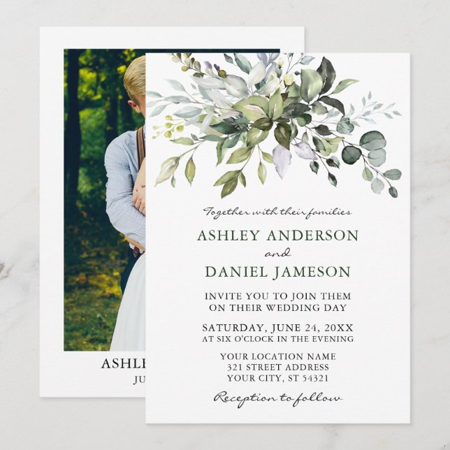 Watercolor Greenery Photo Wedding Invitation (Front/Back)