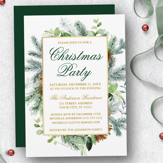 Watercolor Greenery Pine Christmas Party Gold Invitation (Customize to change text color, size, style or to change color of back of card.)