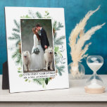 Watercolor Greenery Pine Our First Christmas Photo Plaque<br><div class="desc">Elegant Watercolor Greenery Pines Our First Christmas Newlywed Wedding Photo plaque</div>