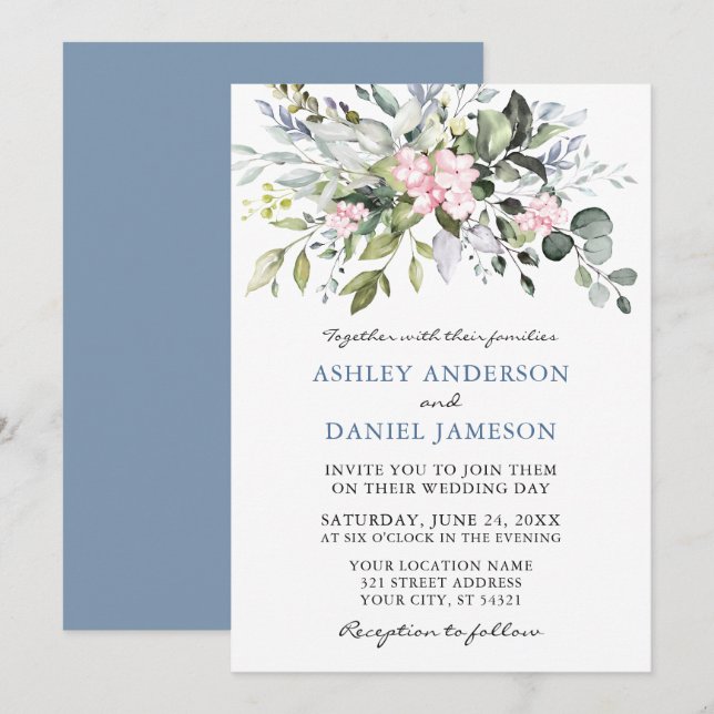 Watercolor Greenery Pink Dusty Blue Wedding Invitation (Front/Back)