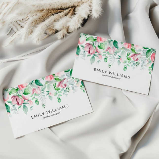 Watercolor Greenery Pink Flowers Business Card (Creator Uploaded)