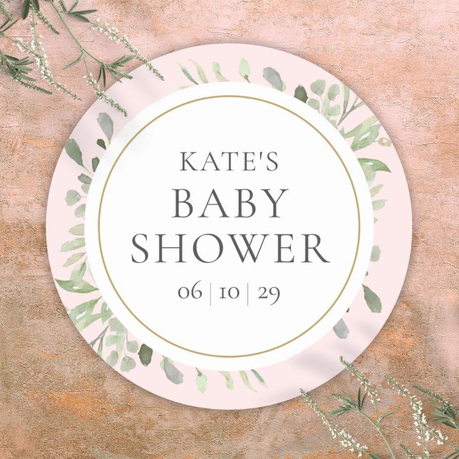 Watercolor Greenery Pink Girl Baby Shower Classic Round Sticker (Watercolor Greenery Pink Girl Baby Shower Classic Round Sticker)