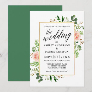 Watercolor Greenery Pink Roses Calligraphy Wedding Invitation