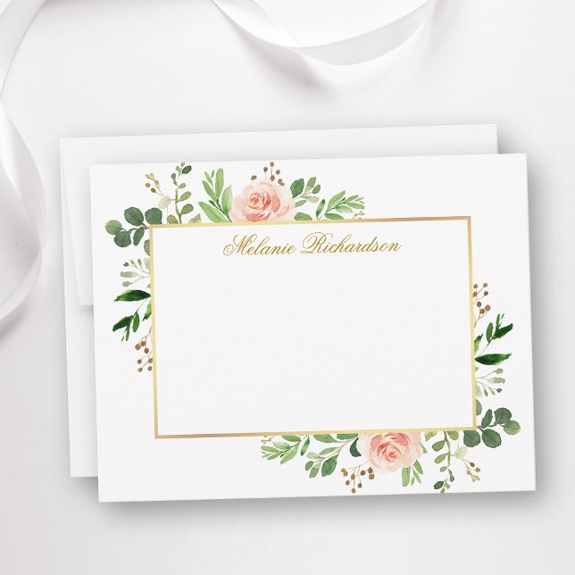Watercolor Greenery Pink Roses Gold Personalized Card (Customize to change text color,  text style or to add more text to back of card.)