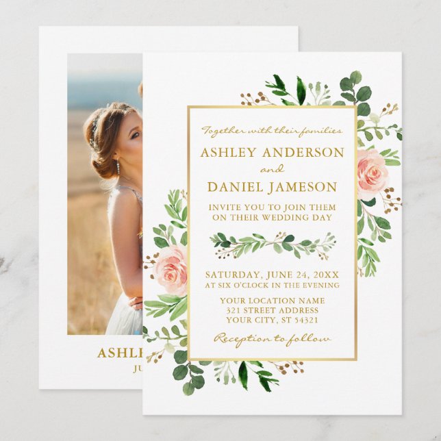 Watercolor Greenery Pink Roses Photo Gold Wedding Invitation (Front/Back)