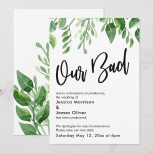Watercolor Greenery Postponed Wedding Our Bad Card