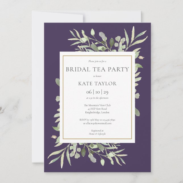 Watercolor Greenery Purple Bridal Tea Party Invitation (Front)