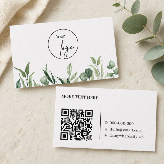 Watercolor Greenery QR Code Custom Logo Business C Card (Creator Uploaded)