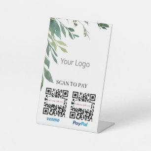 Watercolor Greenery QR Code Scan to Pay Your Logo  Pedestal Sign