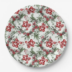 Watercolor Greenery Red Berries Christmas Pattern Paper Plate