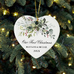 Watercolor Greenery Red Berries Couple Heart Ceramic Ornament<br><div class="desc">Modern Elegant Watercolor Greenery Couple Heart Ornament includes beautiful watercolor botanical greenery,  eucalyptus leaves,  holly berries and other beautiful foliage.</div>