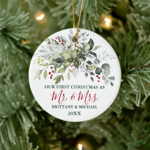 Watercolor Greenery Red Berries First Christmas Ceramic Ornament