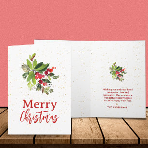 Watercolor Greenery & Red Berries Merry Christmas  Note Card