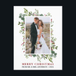 Watercolor Greenery Red Berries Newlywed Christmas Postcard<br><div class="desc">Elegant Watercolor Winter Greenery Merry Christmas Wedding Photo Newlywed Holiday Postcard includes eucalyptus leaves and red holly berries.</div>
