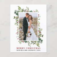 Watercolor Greenery Red Berries Newlywed Christmas