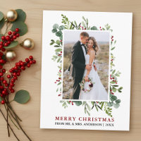Watercolor Greenery Red Berries Newlywed Christmas