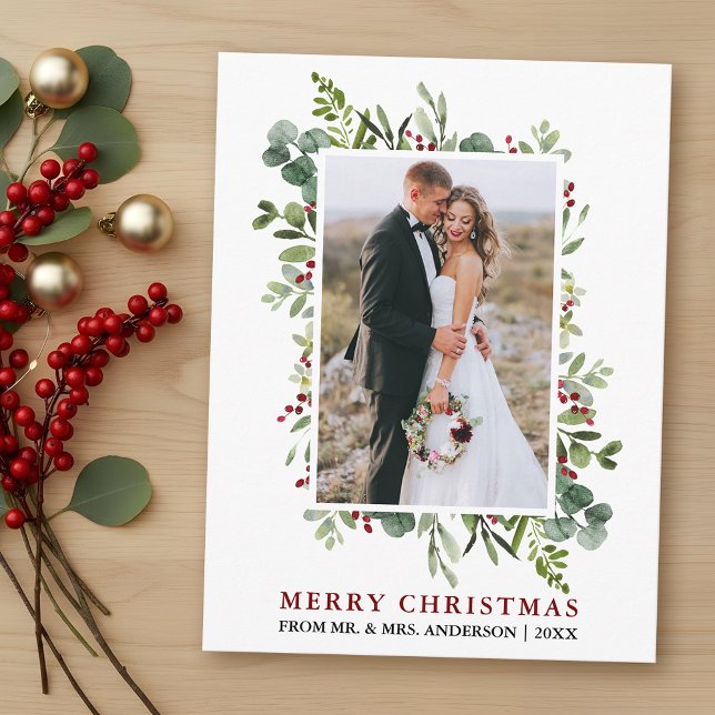 Watercolor Greenery Red Berries Newlywed Christmas Postcard (Customize to change text size or text style.)
