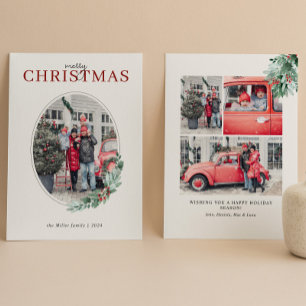 Watercolor Greenery Red Berries Oval Photo Holiday Card