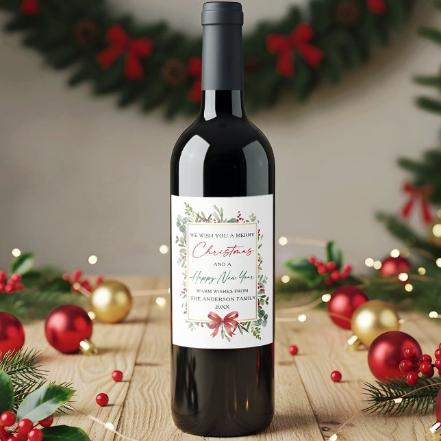 Watercolor Greenery Red Bow Christmas New Year Wine Label (Customize to change your personalized text size or text style.)
