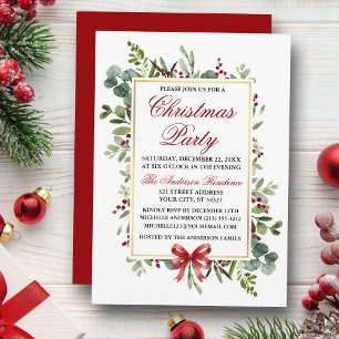 Watercolor Greenery Red Bow Christmas Party Invitation