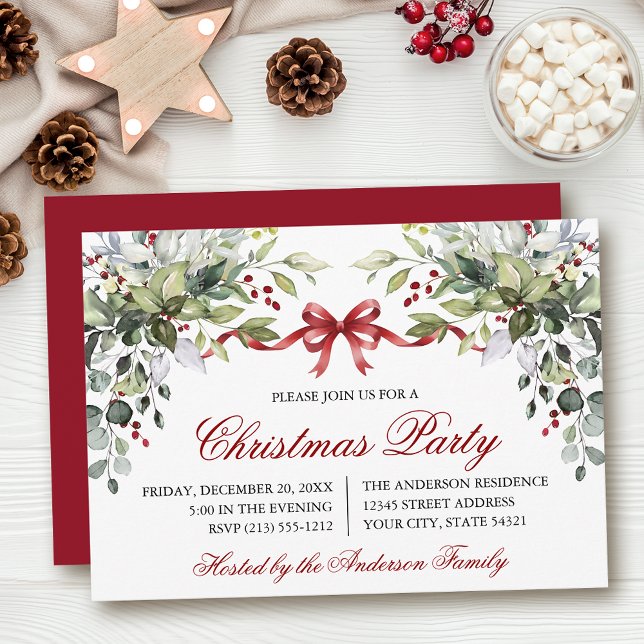 Watercolor Greenery Red Bow Christmas Party Invitation (Customize to change text size, color, style or to change color of back of card.)