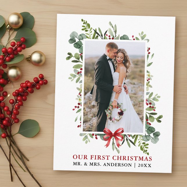 Watercolor Greenery Red Bow First Christmas Postcard (Customize to change text size or text style.)