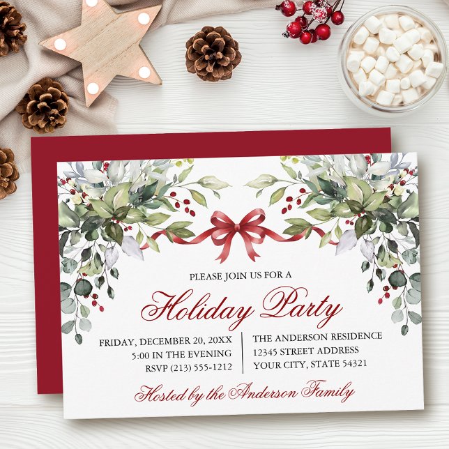 Watercolor Greenery Red Bow Holiday Party Invitation (Customize to change text size, color, style or to change color of back of card.)