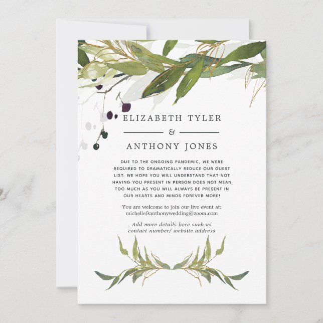 Watercolor Greenery Reduced Wedding Guest List Announcement (Front)