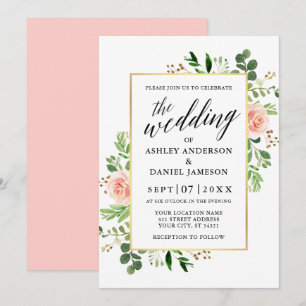 Watercolor Greenery Roses Calligraphy Wedding Invitation