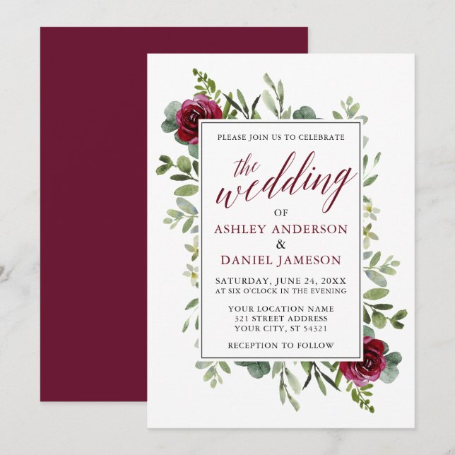 Watercolor Greenery Roses Wedding Burgundy Invitation (Front/Back)
