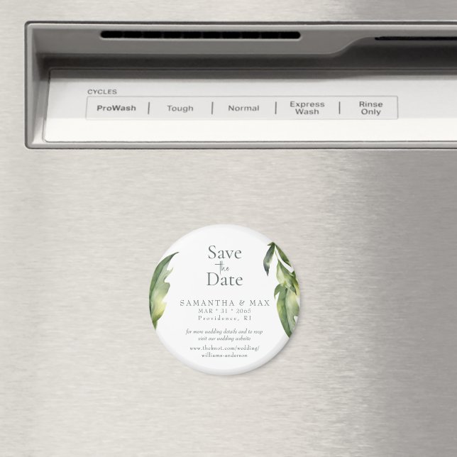 Watercolor Greenery Round Save the Date Wedding Magnet (In Situ (Dishwasher))