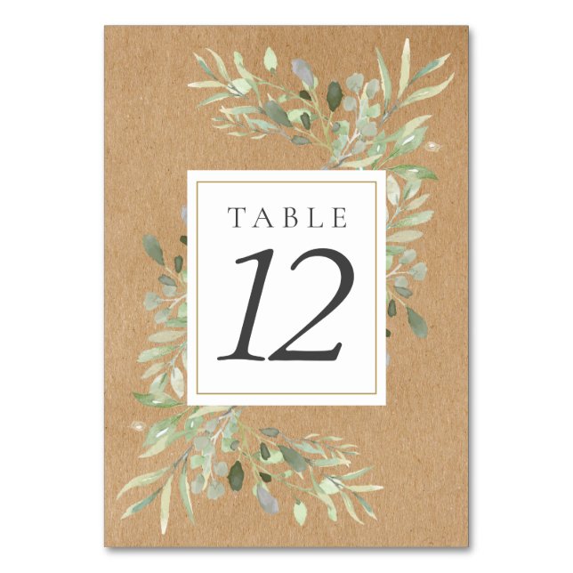 Watercolor Greenery Rustic Kraft Table Numbers (Front)