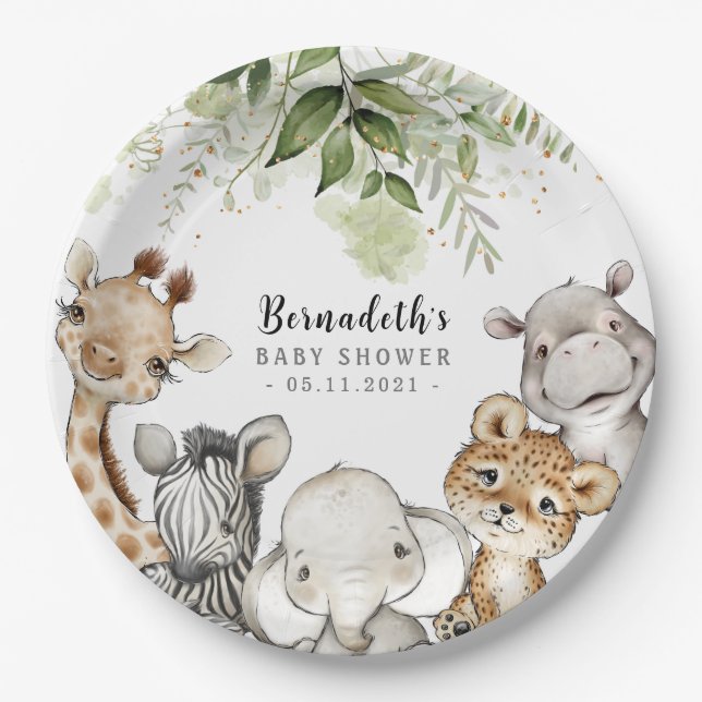Watercolor Greenery Safari Animals  Baby Shower Paper Plate (Front)