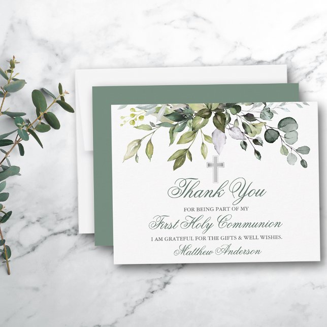Watercolor Greenery Sage Green Communion Thank You Card (Customize to change text color, style, size, add more text to back or change color of back of card.)