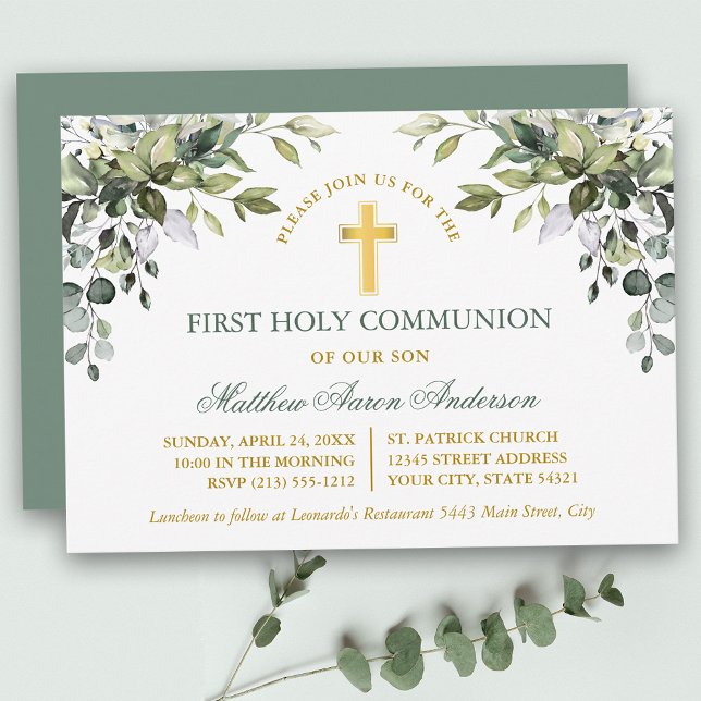 Watercolor Greenery Sage Green Gold Communion Invitation (Customize to change text color, text style or color of back of card.)
