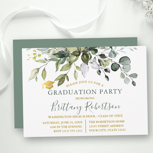 Watercolor Greenery Sage Green Graduation Party Invitation (Customize to change text size, color, style or to change color of back of card.)
